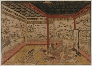 Lady Murasaki v Ishiyama s výhledem na panorama se sedmi výhledy na jezero Biwa, 40. léta 18. století. od Okumura Masanobu