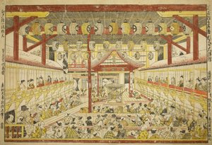 Velký perspektivní obrázek představení Kaomise na pódiu Kabuki od Okumura Masanobu