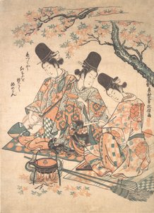 Parodie na palácové sluhy zahřívající saké nad ohněm javorových listů, ca. 1750, ca. 1750. od Okumura Masanobu