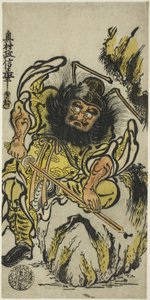 Shoki the Demon Queller teroittaa miekkaansa, n. 1725 (käsinvärinen puupalikkaprintti; hosoban, urushi-e) od Okumura Masanobu