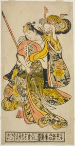 Herec Hayakawa Shinkatsu jako Toyohime ve hře „Goshozome Koyo Gunki“ hrál v divadle Ichimura v jedenáctém měsíci roku 1727 (?) od Okumura Masanobu