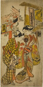 Herci Sanjo Kantaro II jako Osom a Ichikawa Monnosuke jako Hisamatsu ve hře „Osome Hisamatsu Tamoto no Shiro Shibori“, hráli v divadle Morita, 1720 od Okumura Masanobu