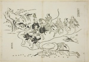 Kurýr Kantan sní o sobě jako Daimyo (Hikyaku Kantan: yume no daimyo), ne. 8 ze série 12 grafik zobrazujících parodie her od Okumura Masanobu
