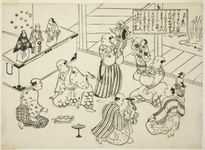 Šatna loutkového divadla, obsah ze série "Slavné scény z japonských loutkových her (Yamato irotake)" od Okumura Masanobu