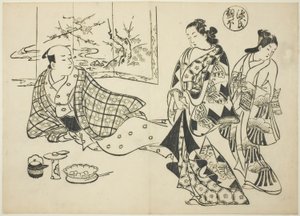 Kapitola Kiritsubo z „The Tale of Genji“ (Genji Kiritsubo), ze série parodií Genji od Okumura Masanobu
