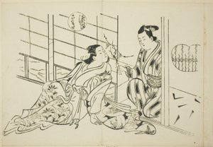 Kapitola Sakaki z „Příběhu Genjiho“ (Genji Sakaki), ze série parodií Genji od Okumura Masanobu