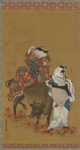 Dva herci kabuki v rolích kurtizány na vodním buvolovi a cestujícího kněze, 1686-1764. od Okumura Masanobu