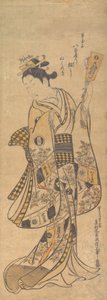 Yaoya O Shichi stojící, držící milostný dopis a Battledore, ca. 1748, ca. 1748. od Okumura Masanobu