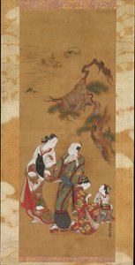 Yukihira und zwei Bräutjungfern in Suma od Okumura Masanobu