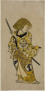Herec Sawamura Kamesaburo jako Nagoya Kosanza ve hře „Keisei Fukubiki Nagoya“ hrál v divadle Nakamura v prvním měsíci roku 1731