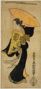 Herec Fujimura Handayu II jako Nowake no Mae ve hře „Tategami Teika Kazura“ hrál v divadle Ichimura v jedenáctém měsíci roku 1719