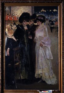 Kavárna v Paříži (Francie). (kavárna v Paříži). Noční scéna, tři ženy mluví uprostřed davu u stolu, v dálce, orchestr a pouliční osvětlení města. Obraz Alexandra Alexandroviče Muraška (Alexander Muraško) (1875-1919), olej na plátně od Oleksandr Murashko
