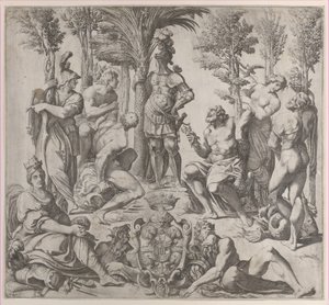 Alegorická kompozice se šesti olympskými bohy shromážděnými kolem postavy v brnění, 1615-35., 1615-35. od Oliviero Gatti