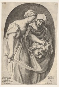 Judita s hlavou Holoferna v levé ruce a mečem v pravé ruce, doprovod..., 1606. od Oliviero Gatti