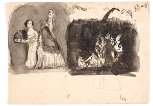 Karnevalová scéna a studie pro "Diogenes" (?) od Oluf Hartmann