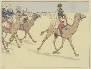 Napoleon dorazil do země faraonů a šel všude následován komisí učenců a umělců, kteří nikdy nejeli na hřbetě velblouda, 1. července 1798 od Onfray de Breville Job