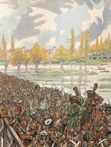 Napoleon překračuje most v Elsteru se svou armádou se zlověstně vyhlížejícím nebem od Onfray de Breville Job