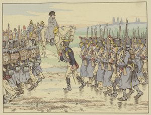 Napoleon přihlížející jako poslední kontingent armády na pochodu francouzského tažení poblíž Remeše, 16. března 1814 od Onfray de Breville Job