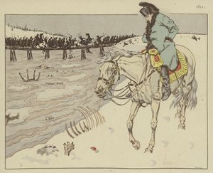 Napoleon pozoruje zbytky své Velké armády, jak brázdí řeku Berezinu při ústupu z Moskvy, 1812 od Onfray de Breville Job