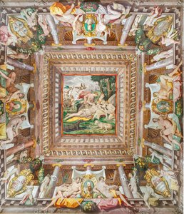 Pohled na strop Adonisovy komnaty a pamětní kameny rodinných příslušníků Rossi, Gonzaga, Riario a Medici, Rocca dei Rossi, San Secondo, Parma, Itálie od Orazio (attr.to) Samacchini