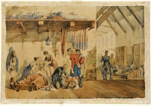 [Barrack] Hospital Scutari, scéna se zdravotními sestrami a vojáky Highland Regiment, 1854-56