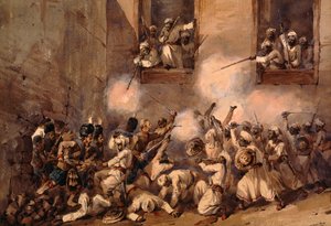 93. Highlanders vstupující do průlomu při útoku na Secundrabagh, Lucknow, 16. listopadu 1857