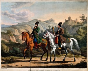 Peršan kouří vodní dýmku na koni, asi 1820