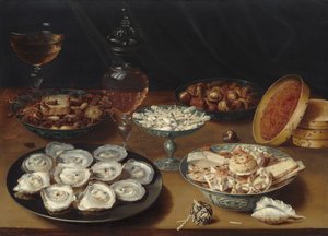 Pokrmy s ústřicemi, ovocem a vínem, c. 16201625. od Osias Beert the Elder