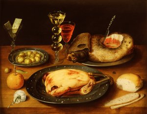 Pečené kuře, šunka a olivy na cínovém talíři (olej na desce) od Osias the Elder Beert