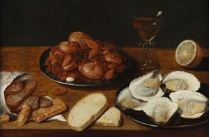 Zátiší s ústřicemi, pečivem, citronem a sklenicí vína od Osias the Elder Beert