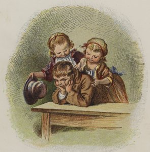 Dvě malé holčičky se snaží rozveselit nevrlého chlapce (barva litho) od Oskar Pletsch