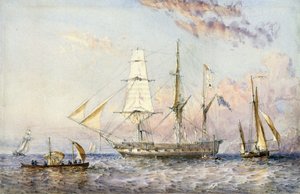 Loď HMS "Rattlesnake" (1822). Akvarel z roku 1853 od Sira Oswalda Waltera Brierlyho (1817-1894).