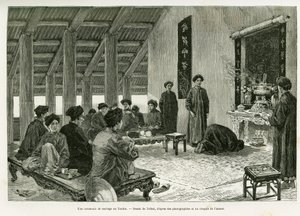Svatební obřad v Tonkinu. Rytina od Tofaniho, pro ilustraci příběhu Trente mois au Tonkin, v roce 1884, od Dr. Paula Hocquarda, v le tour du monde 1890, pod vedením Edouarda Chartona (1807-1890), Hachette, Paříž. od Oswaldo Tofani