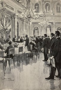 Italští diplomaté na společném přípitku, Paříž, Francie, rytina z kresby Gennaro Amato, ze skici Osvalda Tofaniho, z L