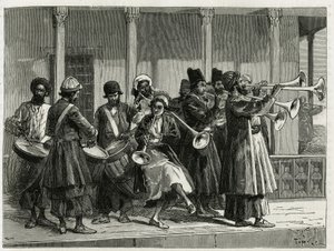 Hudebníci vítající východ slunce v Isfahánu (nebo Isfahánu, město Írán). Rytina od Tofaniho pro ilustraci příběhu „“ Persie, Chaldejsko a Susiane““ od Oswaldo Tofani