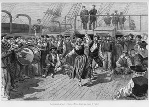 Emigranti na palubě. Rytina od Tofaniho k ilustraci příběhu Voyage a la Plata, tři měsíce prázdnin od Emila Blaireauxe v roce 1886, v tour du monde 1887, pod vedením Edouarda Chartona (1807-1890), Hachette, Paříž. od Oswaldo Tofani
