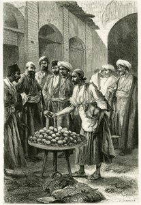 Rybářský obchodník v Kachanu (nebo Kashan, v provincii Teherán, dnešní Írán). Rytina Tofaniho z fotografie k ilustraci příběhu „Persie, Chaldee a Susiane““ v letech 1881-1882 od Jane Dieulafoy (rozená Magre)