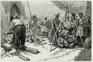 Vážení zavazadel před odletem Svatební expedice Delafoy. Rytina od Tofaniho pro ilustraci příběhu „“ Persie, Chaldejsko a Susiane““ od Oswaldo Tofani
