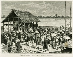 Divadlo ve větru. Rytina od Tofaniho po fotografii pro ilustraci příběhu Trente mois au Tonkin, v roce 1884, od Dr. Paula Hocquarda, v le tour du monde 1890, pod vedením Edouarda Chartona (1807-1890), Hachette, Paříž. od Oswaldo Tofani