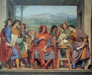 Vavřinec Medicejský (1449 - 1492) (Vavřinec Nádherný: Lorenzo il Magnifico) sedící uprostřed umělců, freska Ottavia Vanniniho (1585 1643) - Museo degli argenti, Florencie