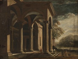 Architektonický Fantasy palác v krajině (olej na plátně) od Ottavio Viviani