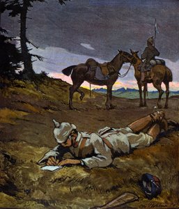První světová válka (1914-1918): Němečtí jezdci v průzkumu v roce 1914. Mají na hlavě přilby s hroty. Malba Otto Flechnera pro časopis “” Jugend””. 20. století od Otto Flechtner