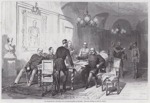 Velitelé pruské armády pořádající válečnou radu ve Versailles, francouzsko-pruská válka, 6. prosince 1870 (rytina) od Otto Johann Heinrich Heyden