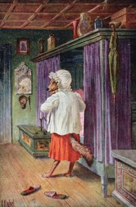 Pohlednice zobrazující vlka převlečeného za babičku Červené Karkulky (barva lito)
