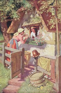 Zlá královna, převlečená za starou ženu, nabízí otrávené jablko Sněhurce, ilustrace z pohádky Grimmů 