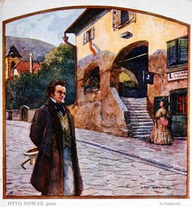 Franz Peter Schubert (1787-1828) před ševcovským domem, kolem roku 1910 (barevné lito)