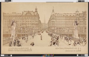 Vindobonský most / Projekt novostavby mostu Rothenthurmstraße - Lilienbrunngasse. Centrální perspektiva od Otto Wagner
