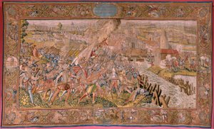 Vlámský gobelín. Seriál Triumfy a bitvy arcivévody Alberta. Překvapení v Calais (La sorpresa de Calais). První tapisérie v sérii. Model Otto van Veen a Hans I Snellinck. Výrobce Martin Reynbouts, Bruselas. 1597-1599. Tkanina Zlatá, stříbrná, si