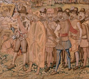Vlámský gobelín. Seriál Triumfy a bitvy arcivévody Alberta. Dobytí města Hulst (Toma de la Plaza de Hulst). Sedmá tapisérie v sérii. Model Otto van Veen a Hans I Snellinck. Výroba Martin Reynbouts, Brusel od Otto van Veen