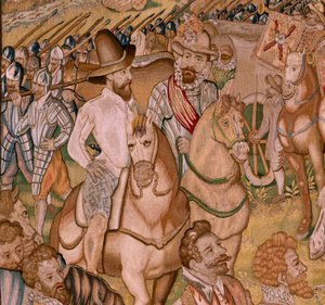 Vlámský gobelín. Série Triumfy a bitvy arcivévody Alberta; Posádka Ardres ustupuje do Francie (Retirada a Francia de la Guarnición de Ardrés). Čtvrtá tapisérie v sérii. Model Otto van Veen a Hans I Snellinck. Výrobce Martin Reynbou od Otto van Veen